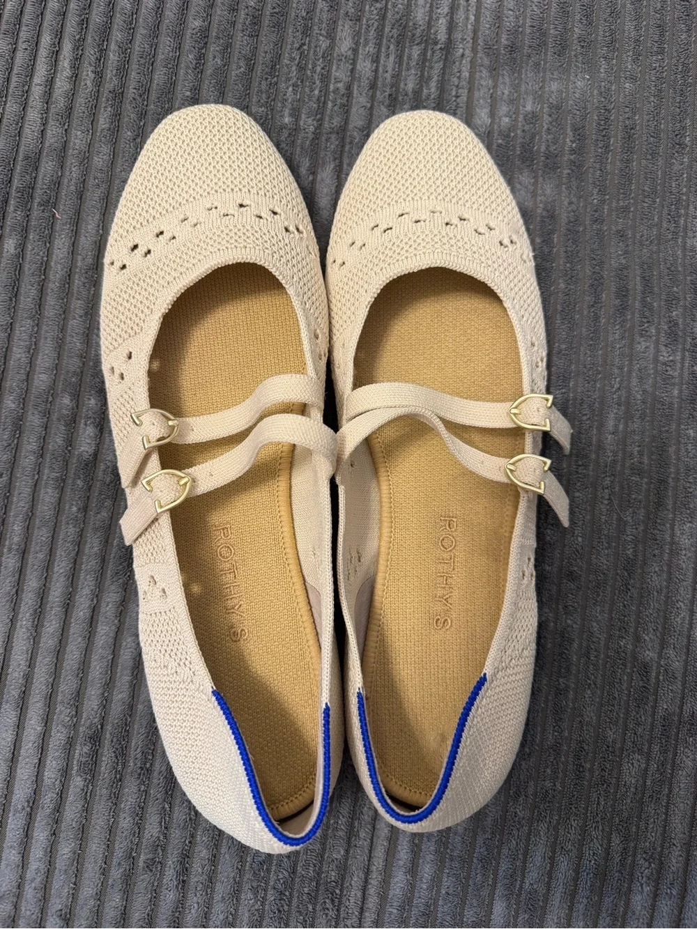 Rothy's Cream Knit Double-Strap Ballet Flats with Gold Buckles